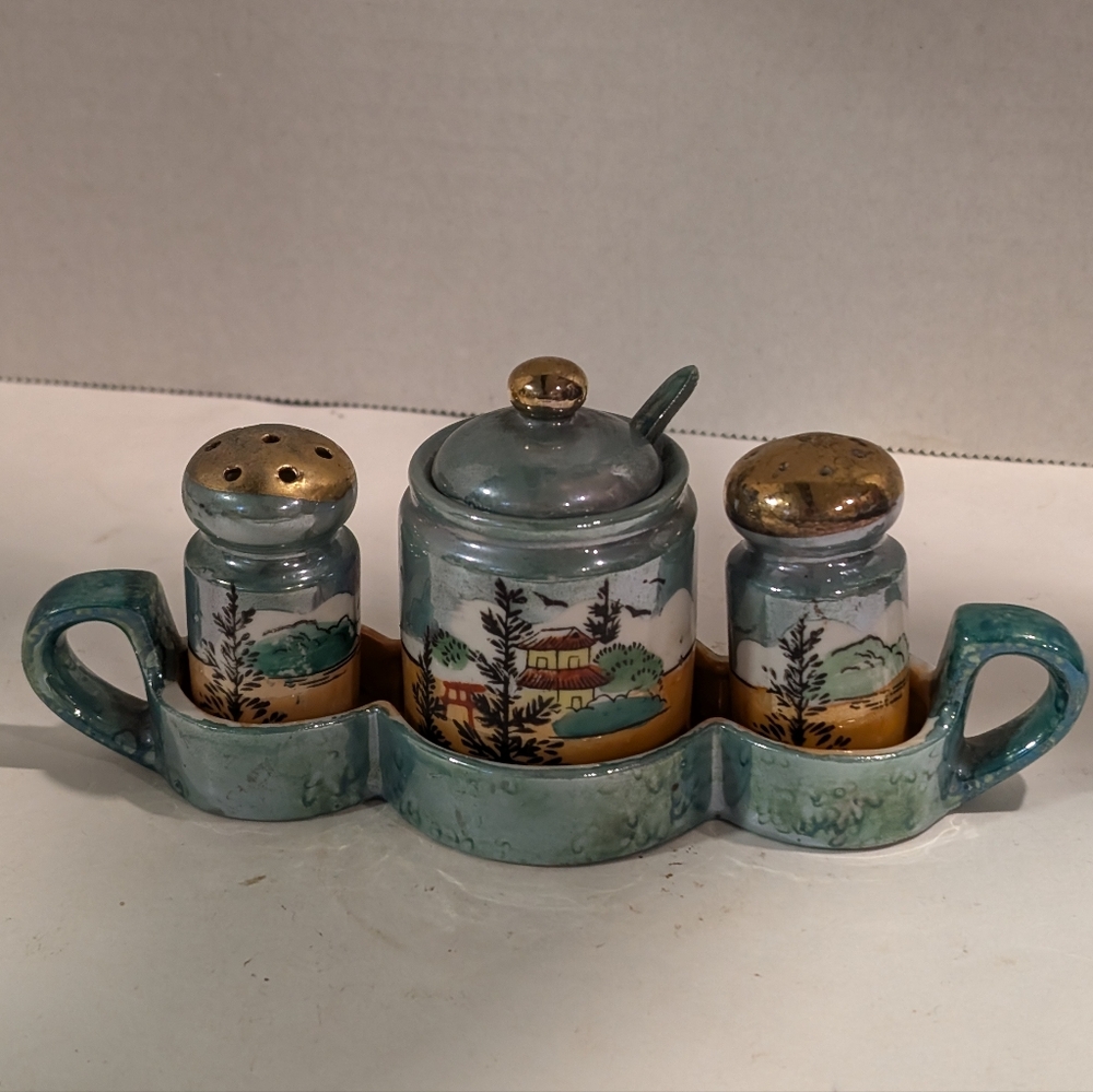 Vintage Lusterware Blue & Green Condiment Set with Tray